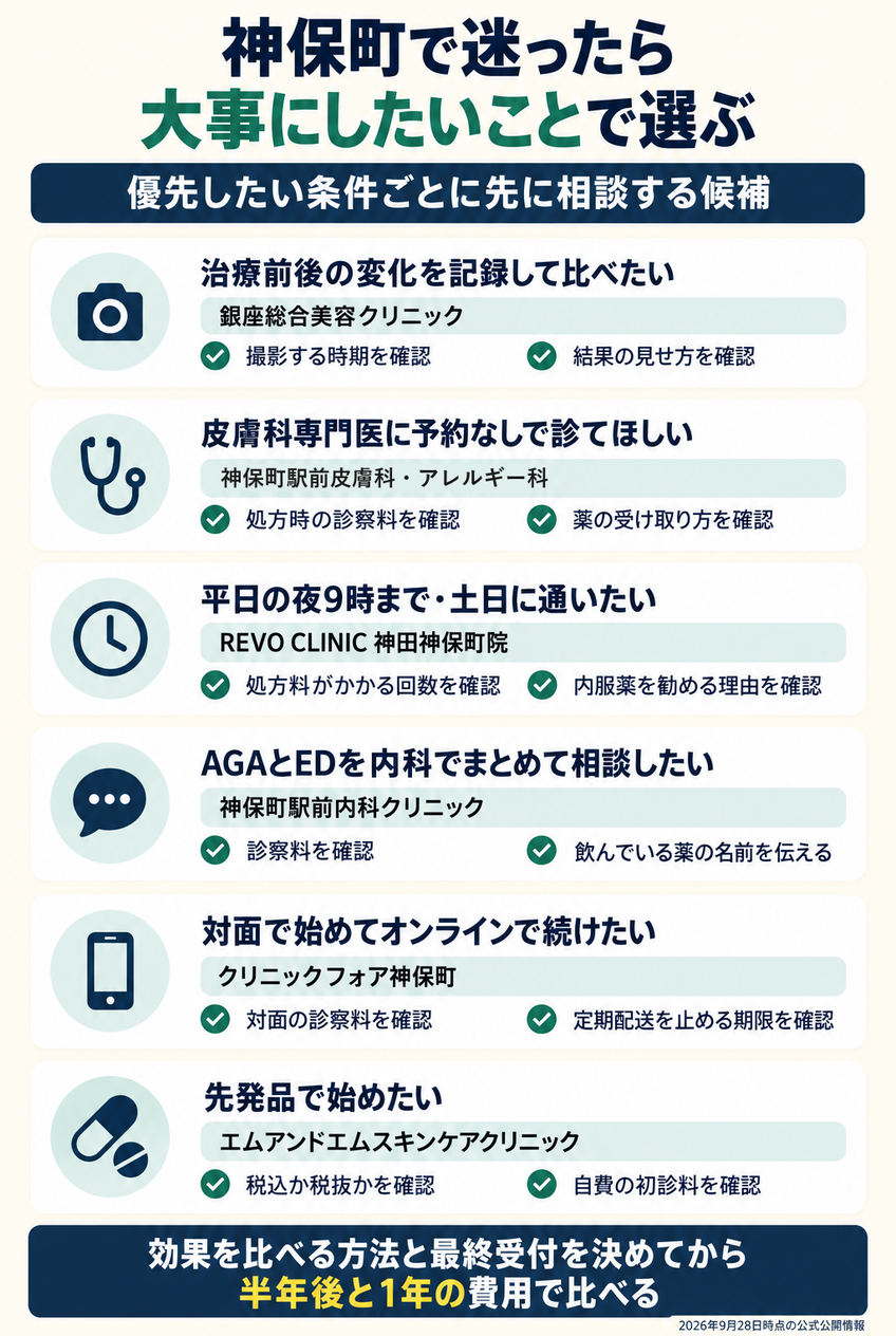 神保町で優先したい条件ごとに、先に相談する院と確認することを並べた図