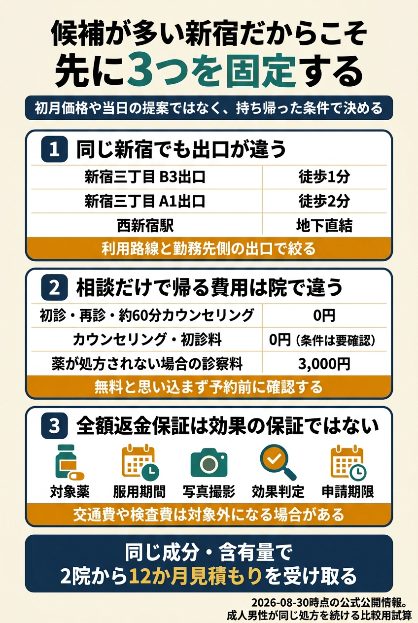 新宿三丁目ではB3・A1・西新宿を別の動線として比べる
