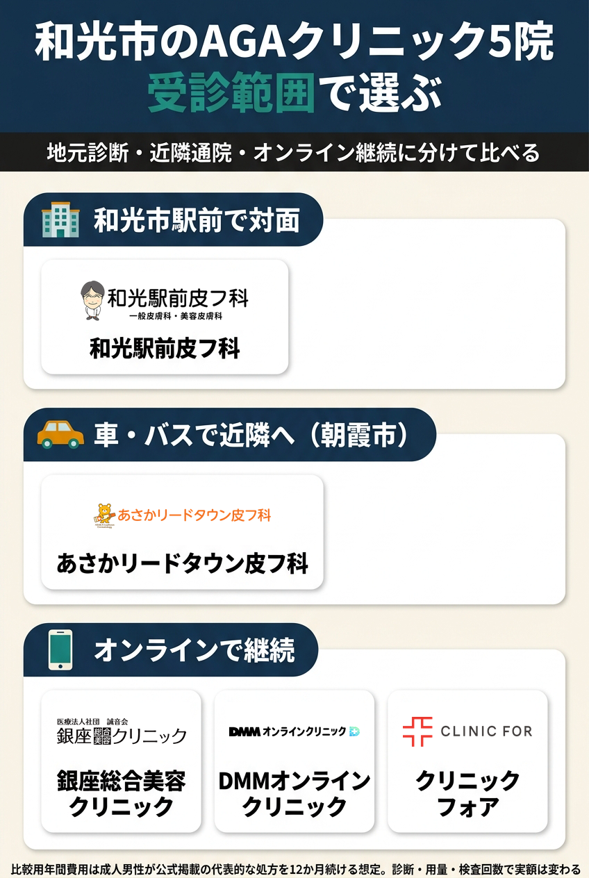 和光市のAGAクリニックおすすめ5院｜年間総額・診療科・オンラインを比較【2026年8月】