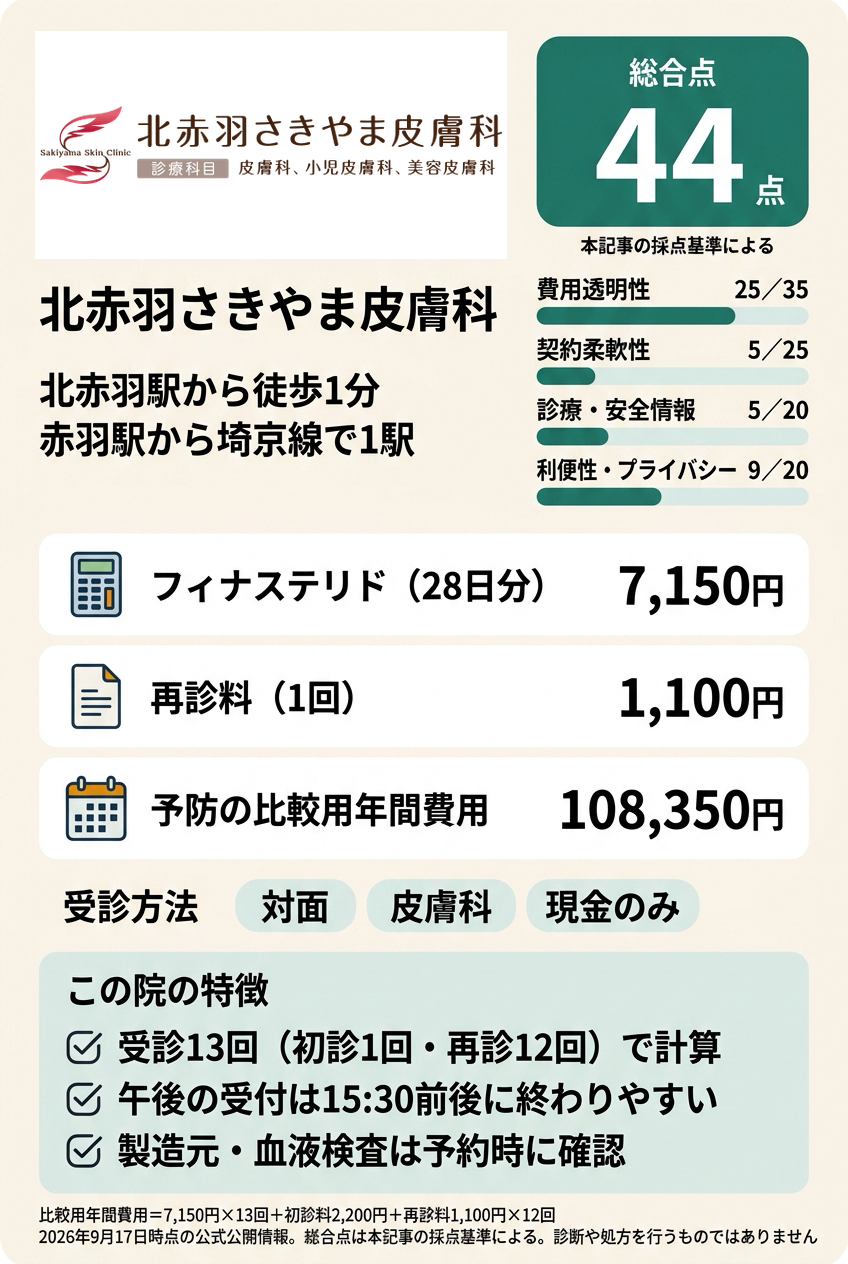 5位：北赤羽さきやま皮膚科｜診察料込みの年間費用を確かめてから皮膚科で内服薬を相談したい人向け