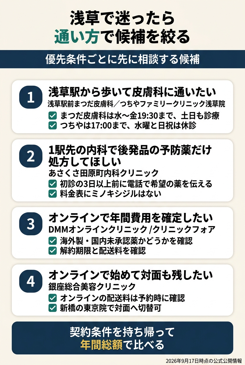 浅草では「浅草駅前で対面」「銀座線1駅の田原町で対面」「オンラインで継続」を分ける