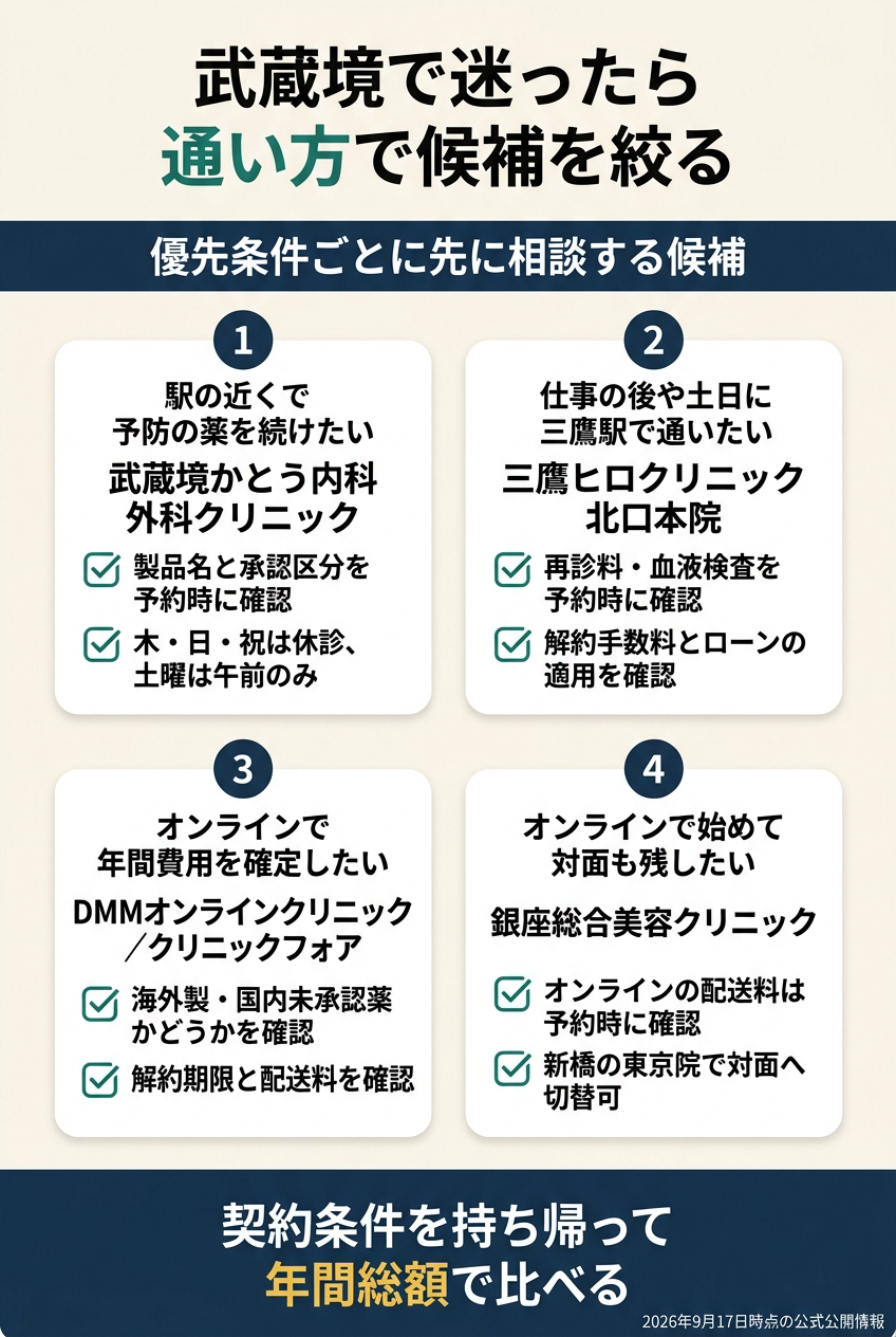 武蔵境では「武蔵境駅前で対面」「三鷹駅で対面」「オンラインで継続」を分ける