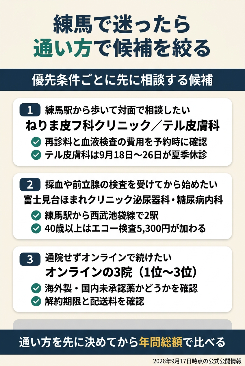 練馬では「駅前の皮膚科で対面」「富士見台の泌尿器科で検査つき」「オンラインで継続」を分ける
