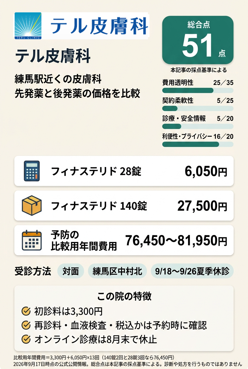 6位:テル皮膚科|練馬駅近くの皮膚科で先発薬と後発薬の価格を比べたい人向け